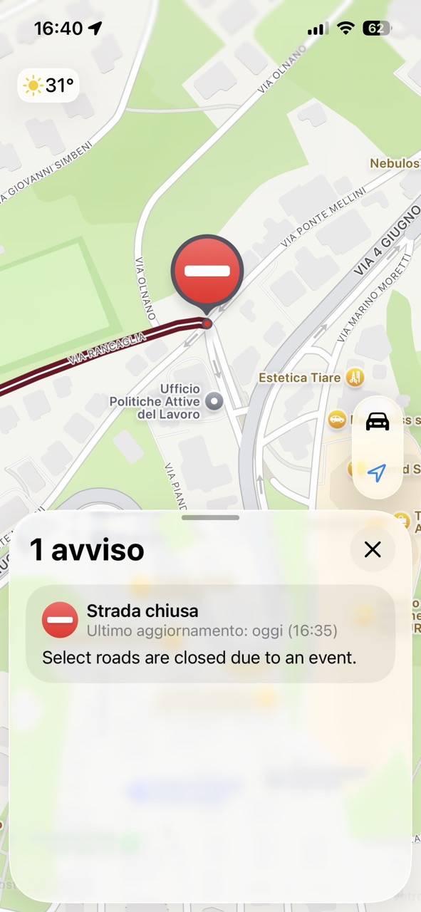 Chiusura stradale visibile su Apple Maps